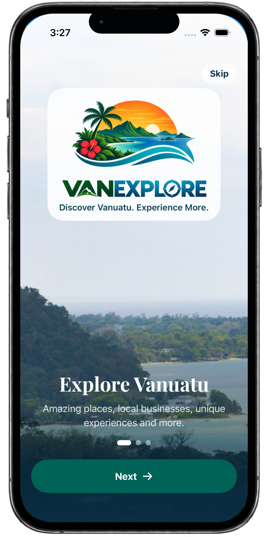 VanExplore app welcome screen in an iPhone